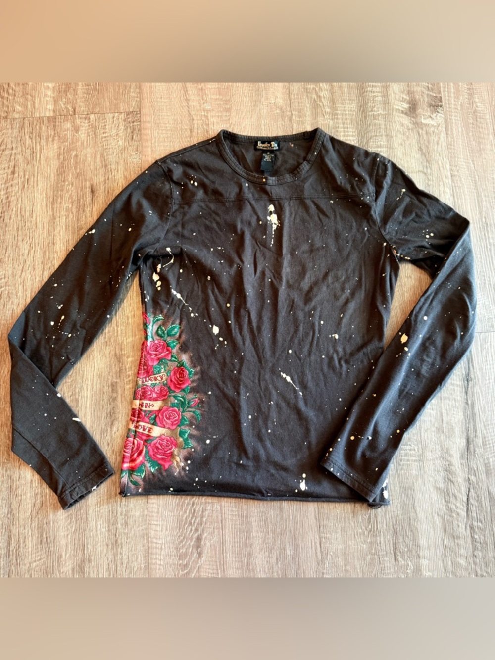 Vintage Y2K Lucky Tees Womens M Black Rose Tattoo Graphic Long Sleeve Shirt